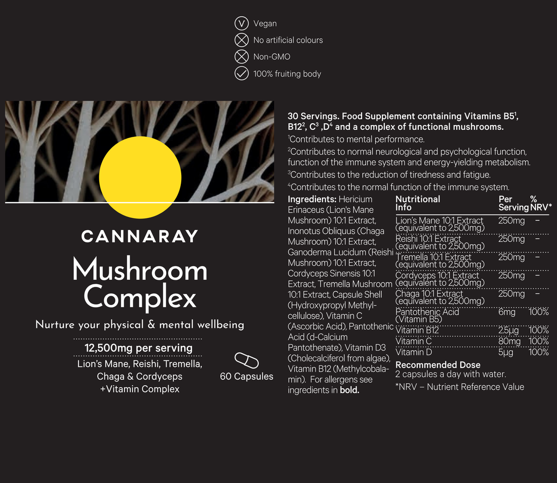 Cannaray Mushroom Complex Capsules packaging with nutritional information and ingredients list.