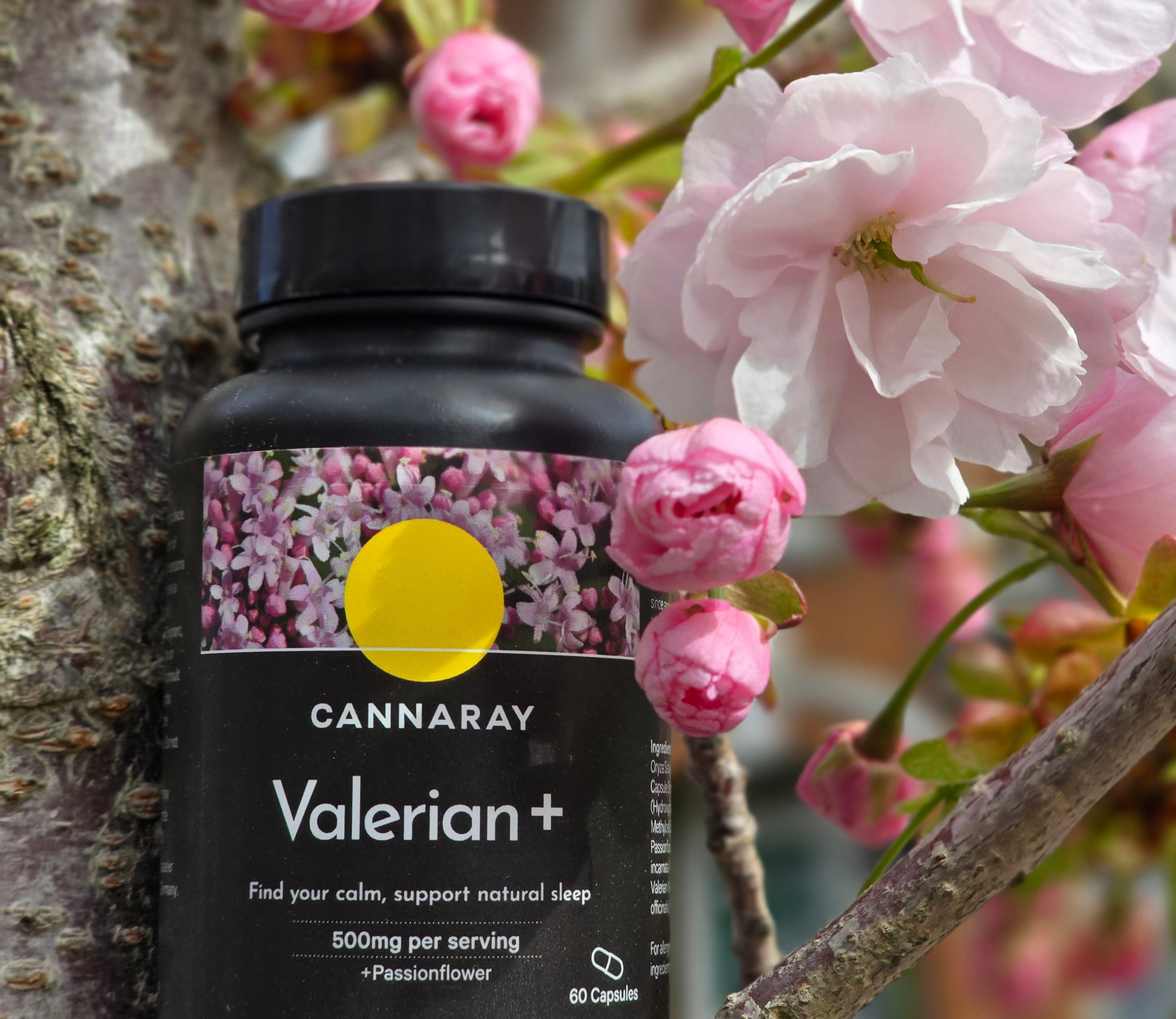 Cannaray Valerian+ supplement bottle with pink flowers in the background