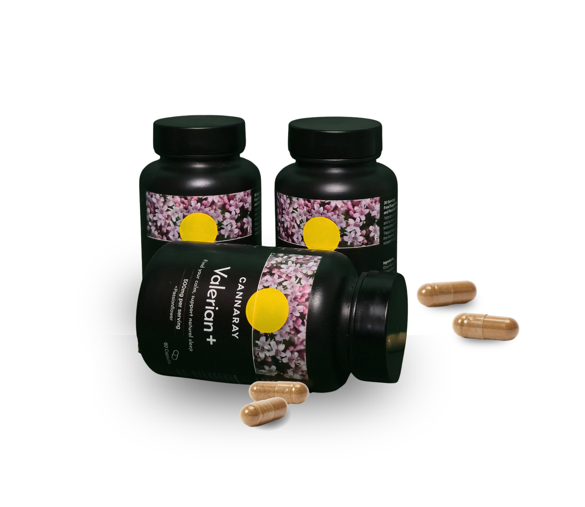 Two black bottles labeled 'Valerian Capsules' with pink floral design on a white background