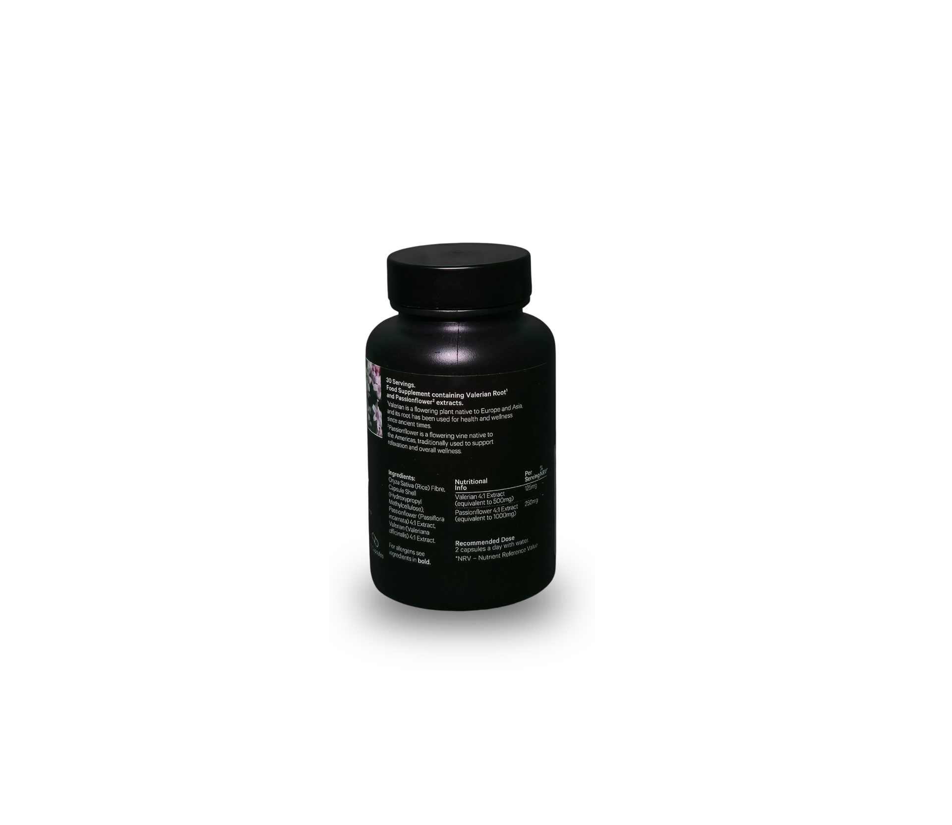 Black supplement bottle on a white background