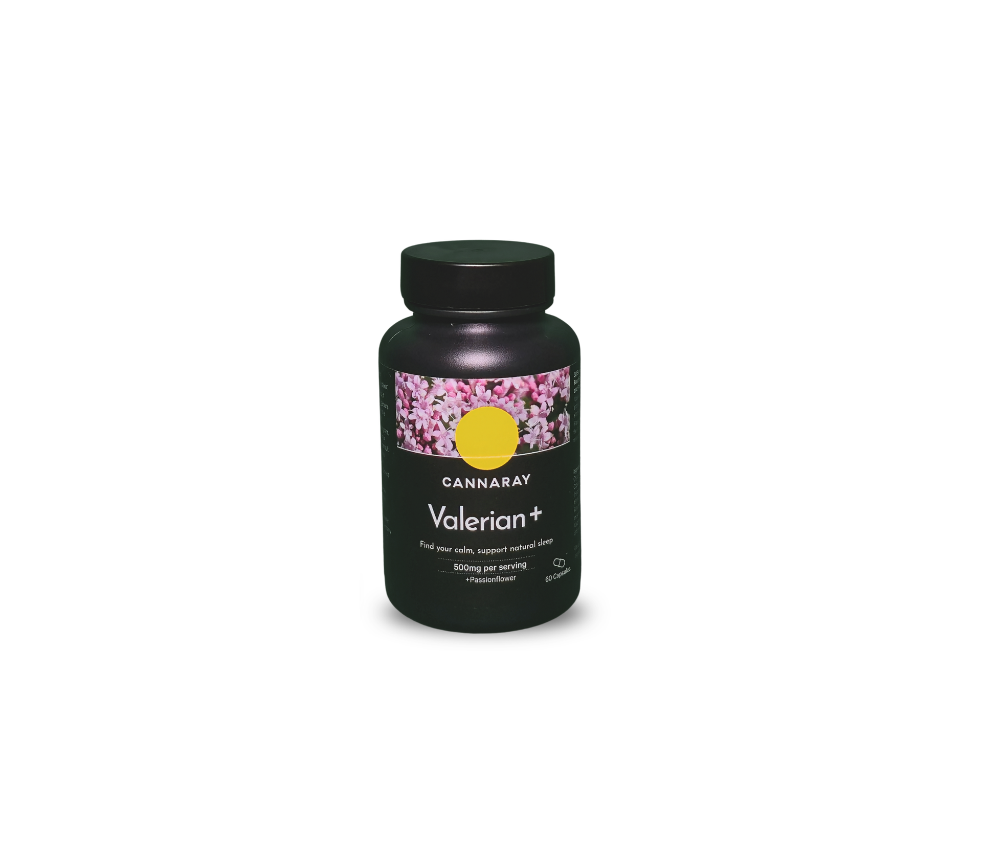 Black bottle labeled 'Cannaray Valerian Capsules' on a white background