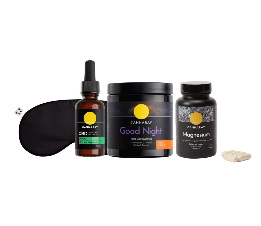 A wellness bundle from Canaray on a white background, featuring a black CBD tincture dropper bottle, a black Good Night sleep jar, a black Magnesium supplement bottle, a black eye mask, and two white capsules.