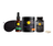 A wellness bundle from Canaray on a white background, featuring a black CBD tincture dropper bottle, a black Good Night sleep jar, a black Magnesium supplement bottle, a black eye mask, and two white capsules.