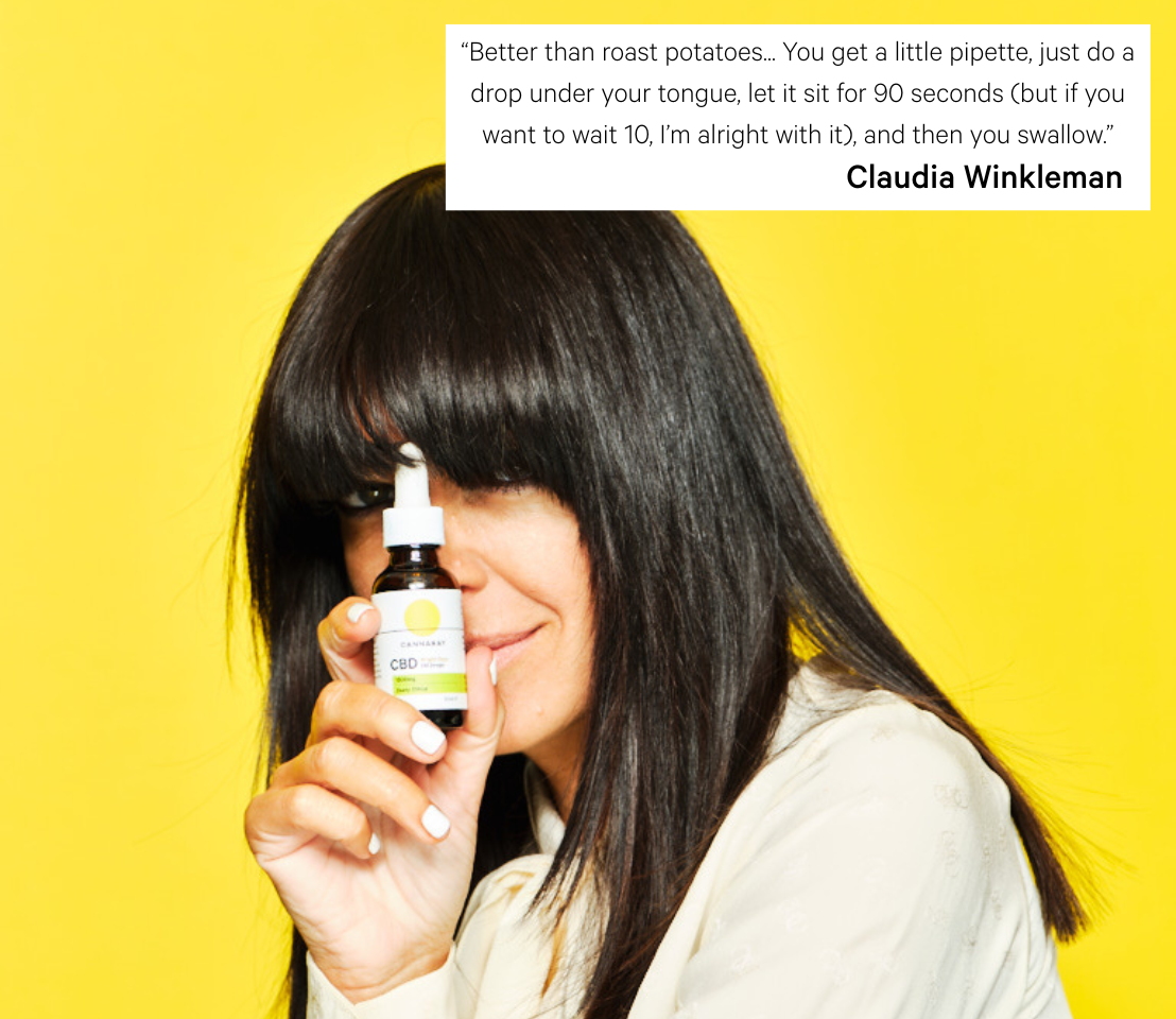 Claudia Winkleman holds Cannaray Bright Days CBD Oil Drops in front of her face.