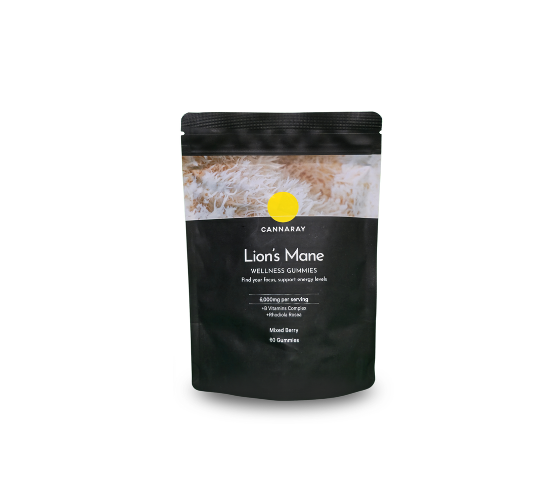 Black package of Cannarey Lion's Mane Wellness Gummies on a white background
