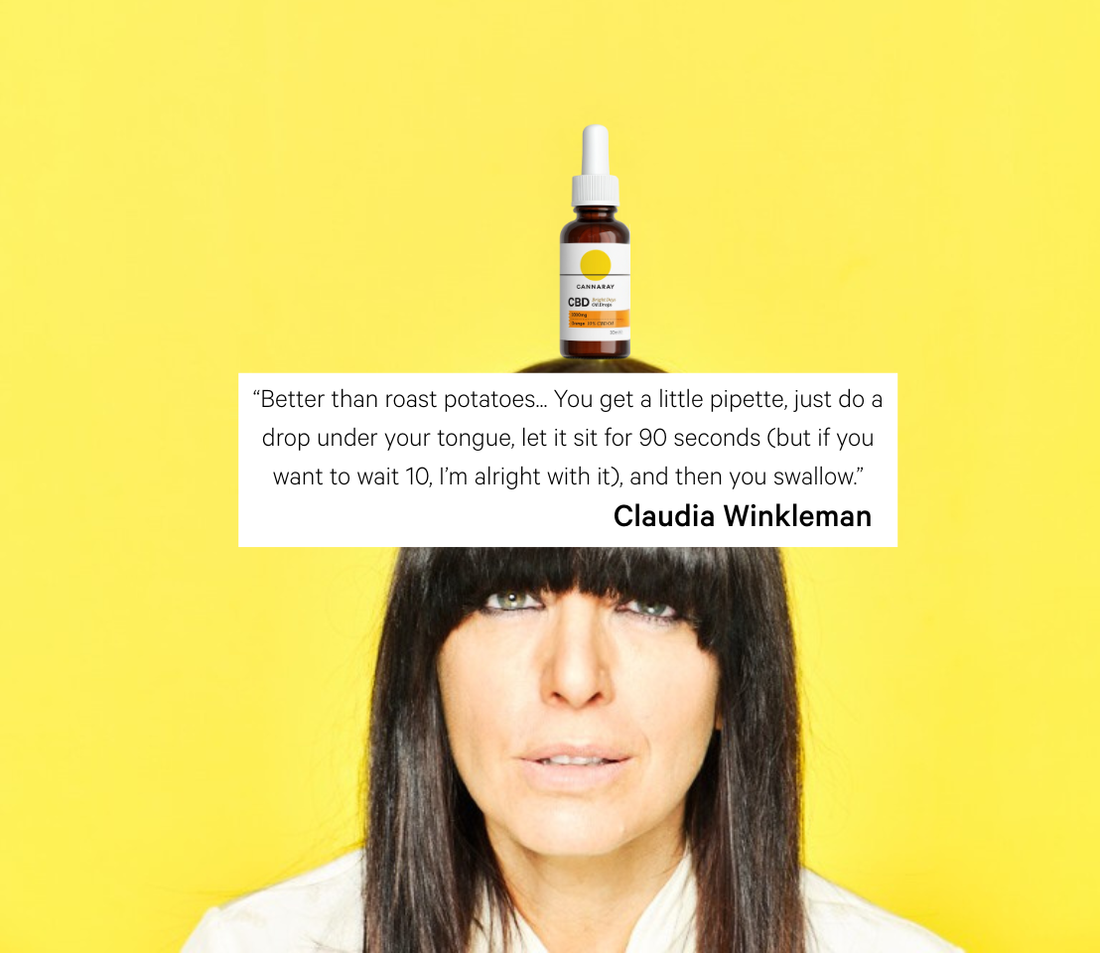 Claudia Winkleman balancing Bright Days CBD Oil Drops on her head.