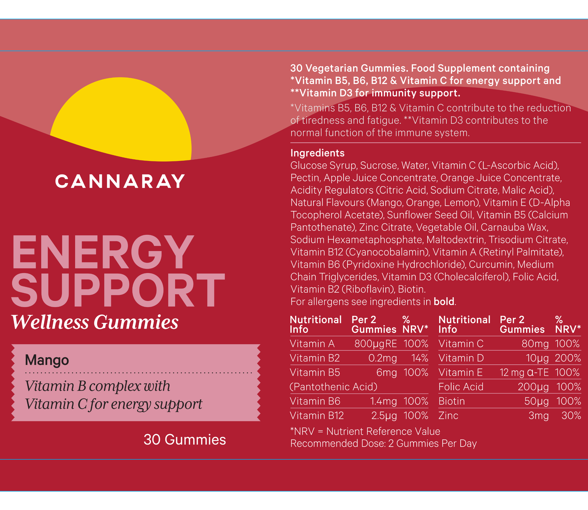 Cannaray Energy Support Wellness Gummies label with product details and ingredients on a red background.
