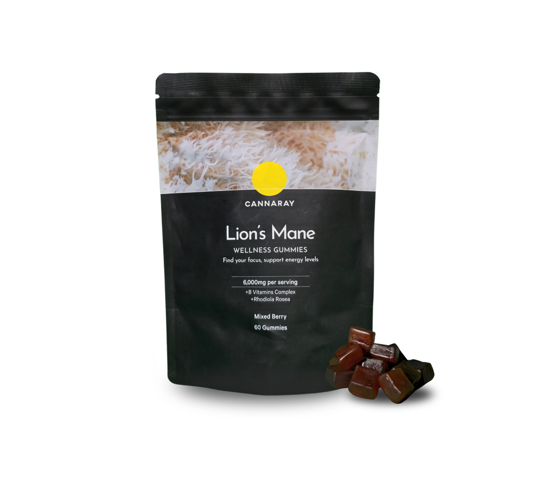 Cannaray Lion's Mane Wellness Gummies packaging with gummies on a white background