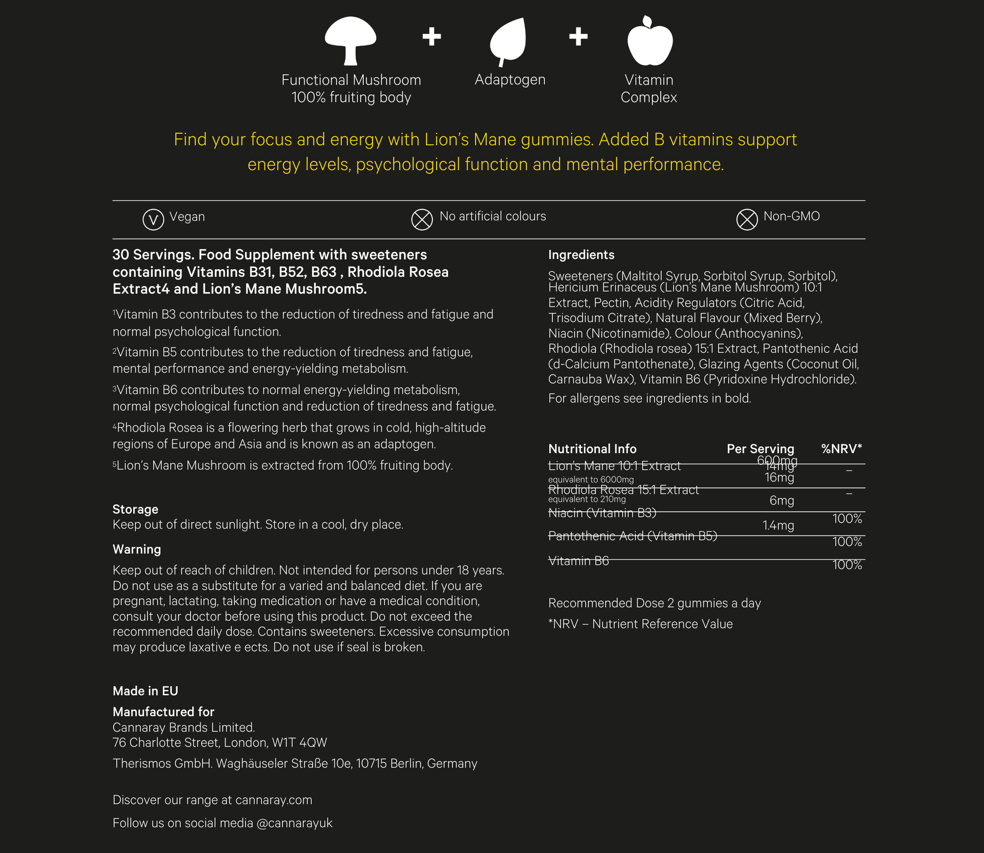 Nutritional information and ingredients list for a dietary supplement on a black background