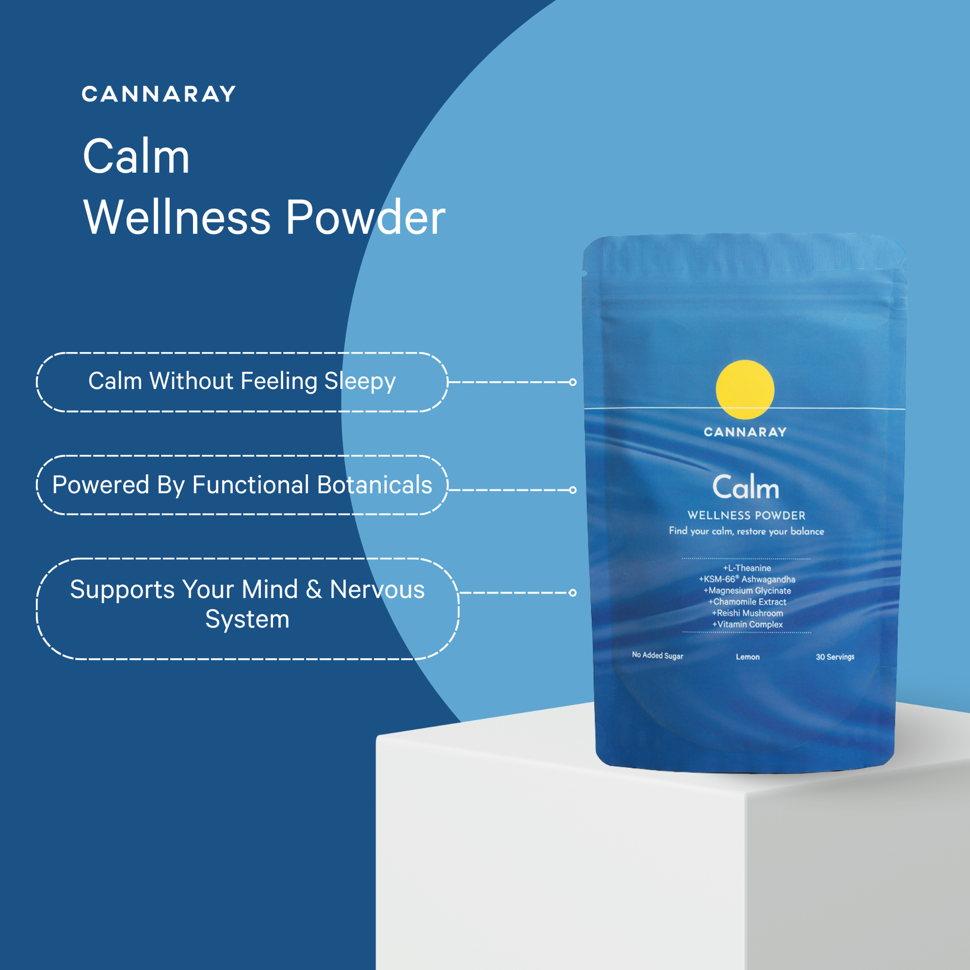 Cannaray Calm Wellness Powder in a blue stand-up pouch displayed on a white pedestal against a blue graphic background with marketing text.