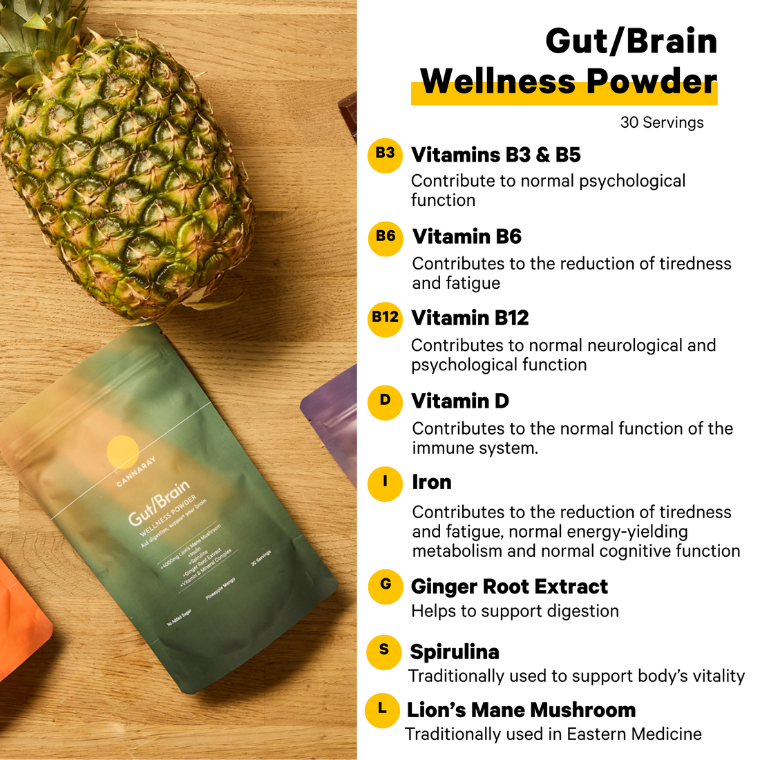 Cannaray Gut/Brain Powder - Mango & Pineapple Blend – product feature icons