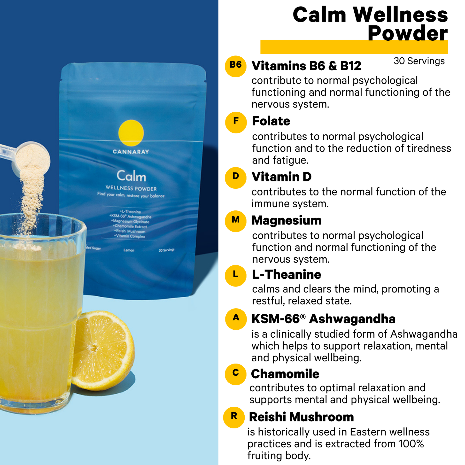 Cannaray Calm Wellness Powder in a blue resealable pouch with a yellow sun logo, shown next to a glass of chamomile tea with lemon and a pile of powder being poured. The right side lists wellness benefits with letters and ingredient names.