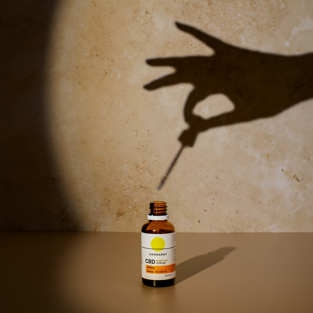 Bright Days CBD Oil Drops with shadow of hand holding pipette.