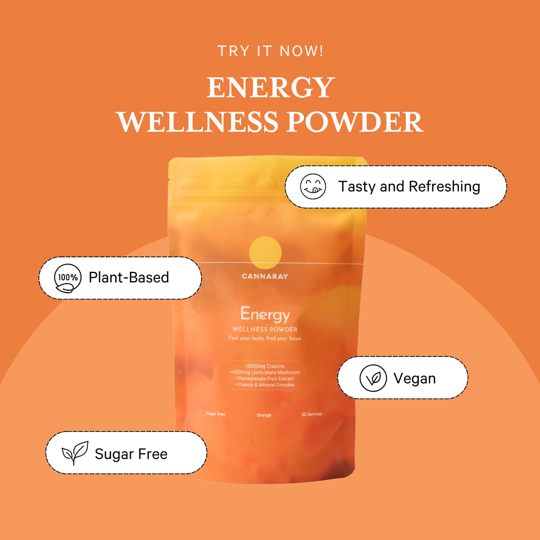 Energy wellness powder package with branding on an orange background