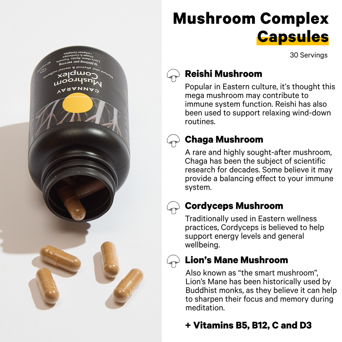 Cannaray Mushroom Complex – product feature icons