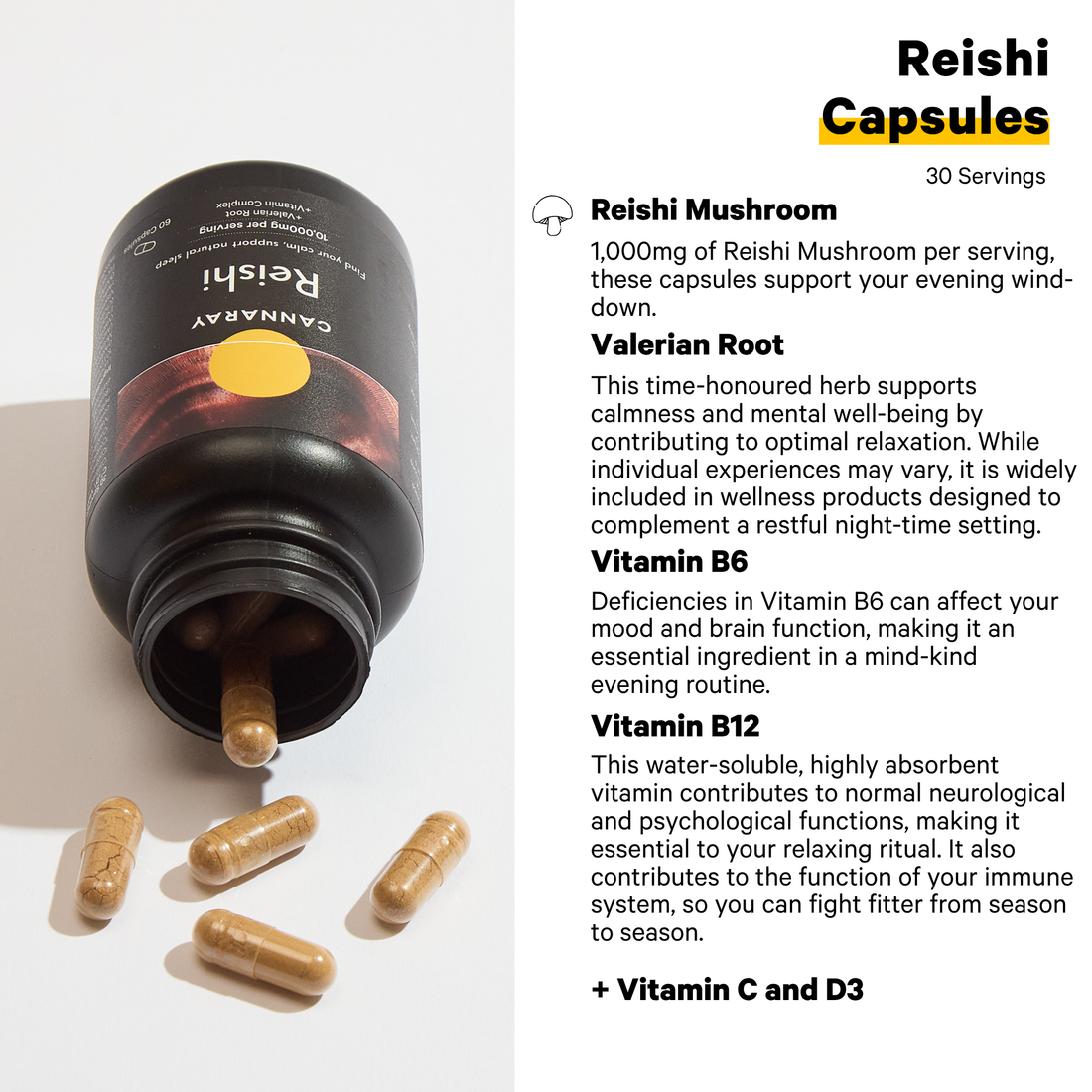 Cannaray Reishi Mushroom Capsules – product feature icons