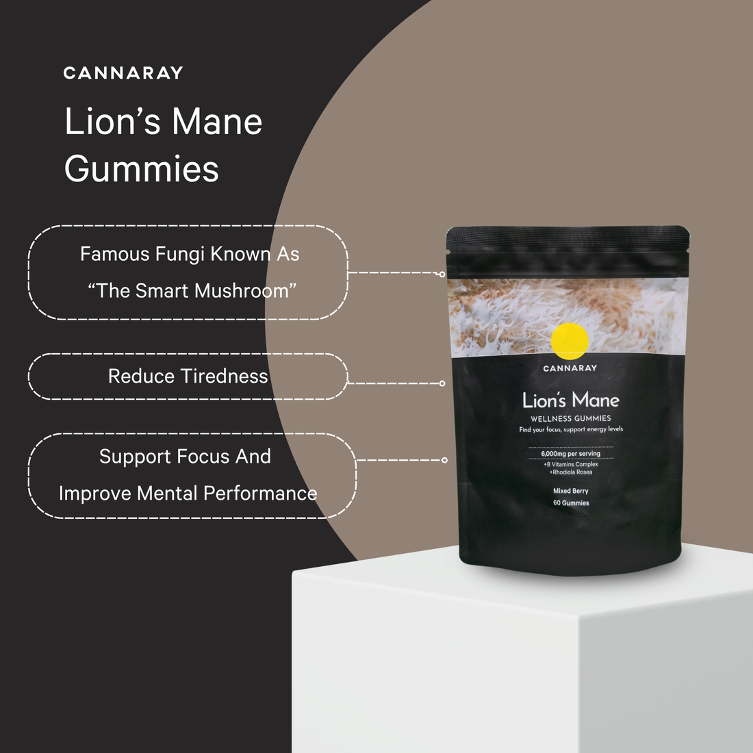 Cannabaray Lion's Mane Gummies packaging with product details on a neutral background