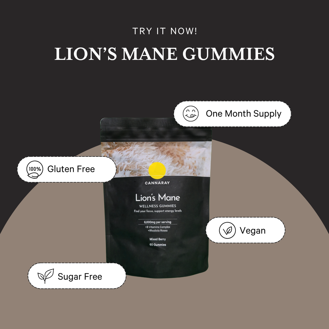 Lion's Mane gummies packaging with features on a dark background