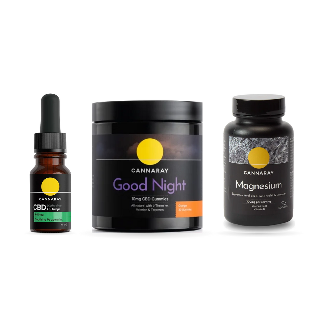 Cannaray Better Sleep Bundle pack shot: Night-Time CBD Oil Drops 600mg, Good Night CBD Gummies and Magnesium Glycinate Capsules
