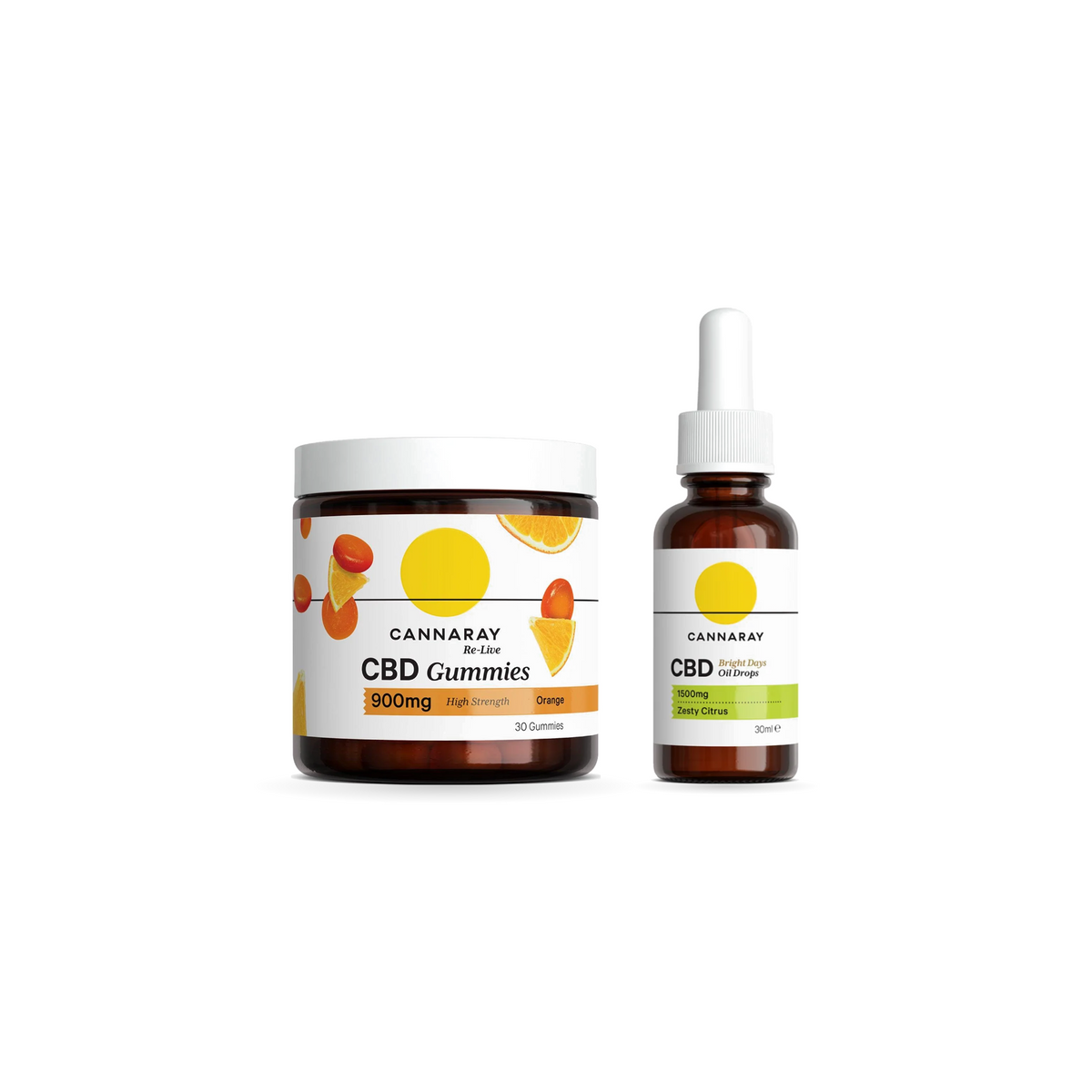 Cannaray Bright Days CBD Gummies 900mg and Bright Days CBD Oil Drops Lime & Juniper 1500mg kit pack shot