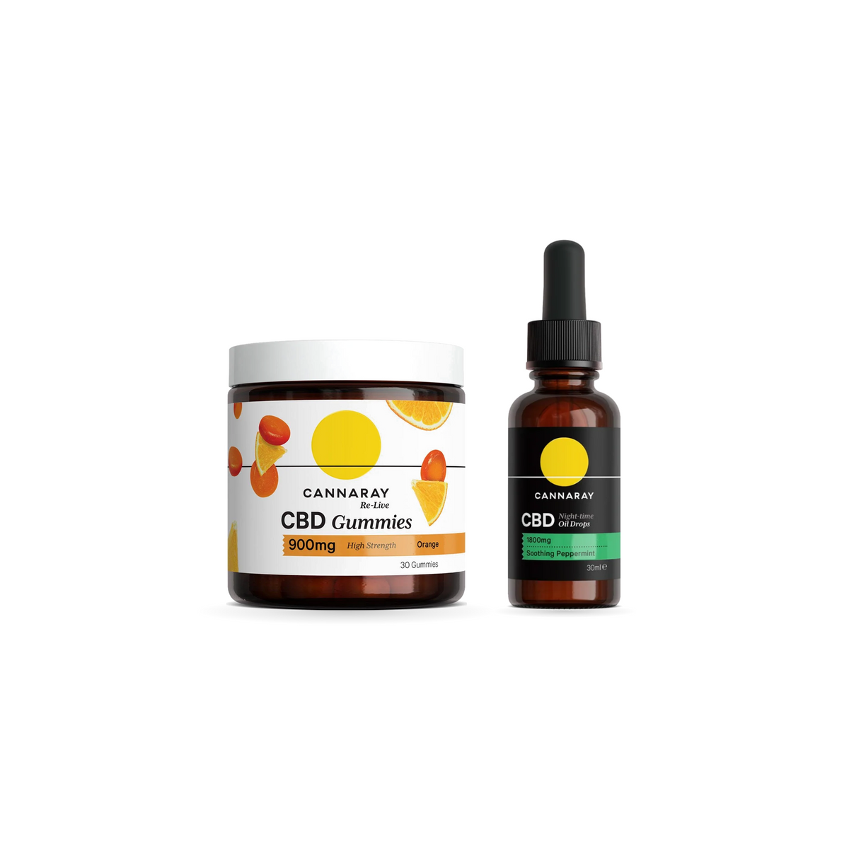 Cannaray Bright Days CBD Gummies 900mg and Night-Time CBD Oil Drops Soothing Peppermint 1800mg kit pack shot