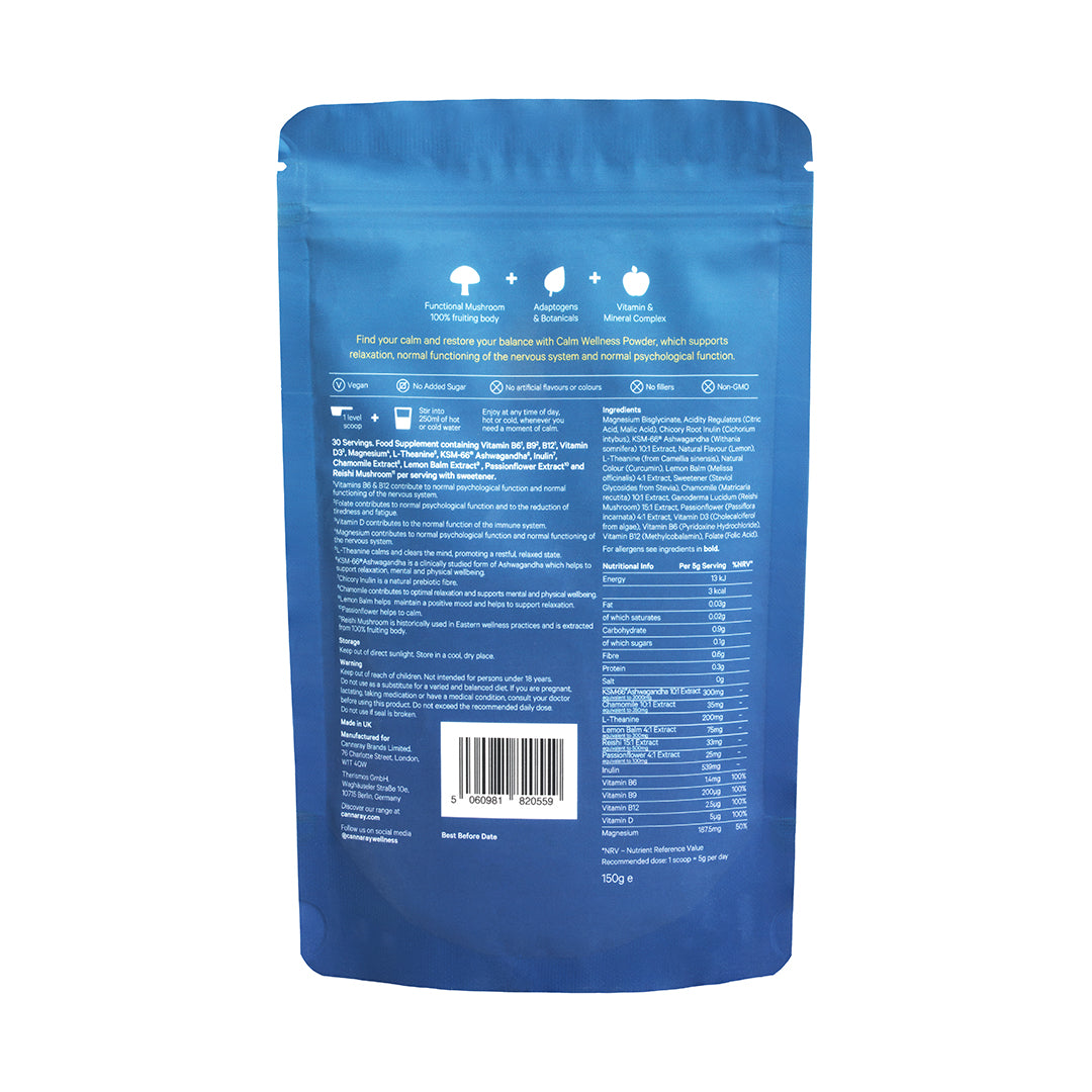 The back of a blue stand-up pouch package, showing product information, ingredients, and a barcode on a plain white background.