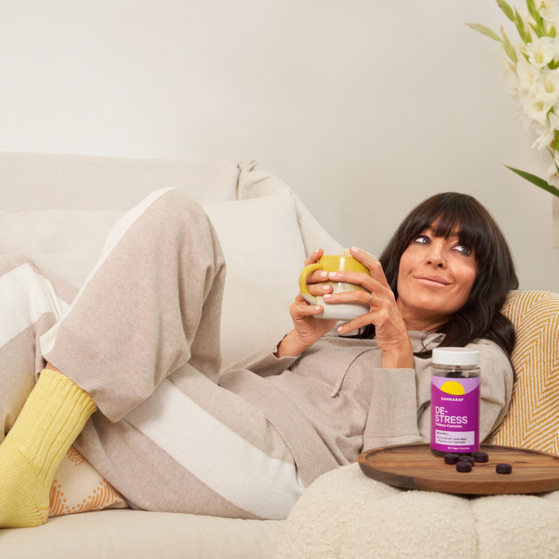 Claudia Winkleman relaxing with Cannaray De-Stress Wellness Gummies