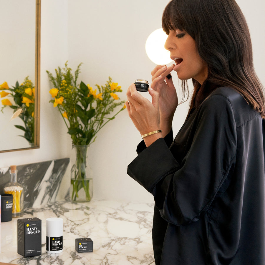 Claudia Winkleman applying Cannaray CBD Lip Rescue