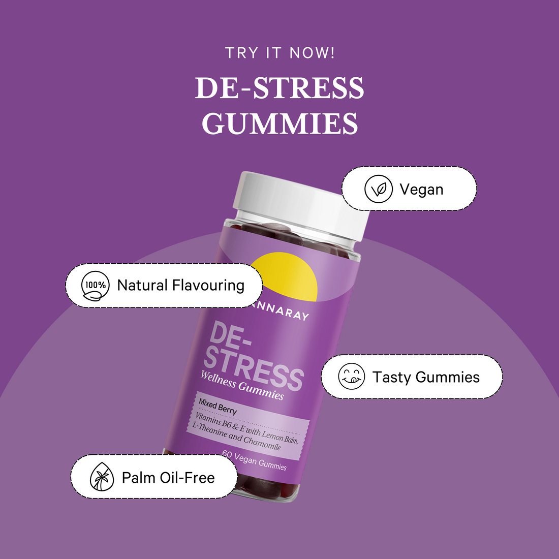 Cannaray De-Stress Gummies - Mixed Berry Flavour – product feature icons