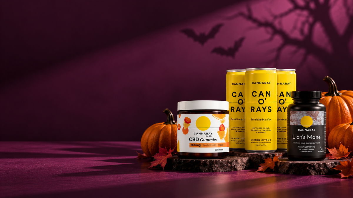 Cannaray CBD Gummies, Can O'Rays and Lion's Mane capsules with pumpkins and autumn leaves