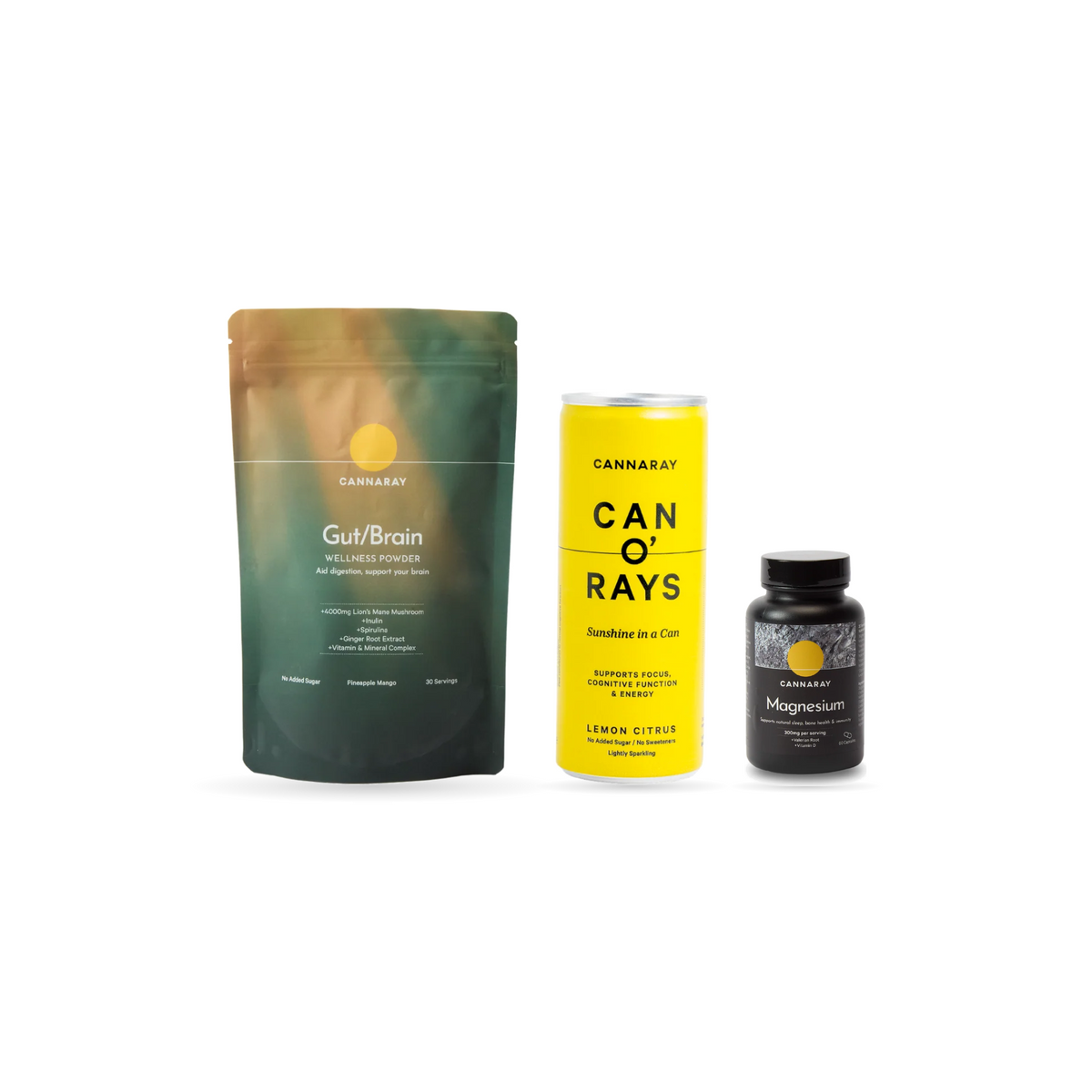 Cannaray Immunity Bundle pack shot: Gut/Brain Powder, Can O'Rays Lemon Citrus and Magnesium Glycinate Capsules