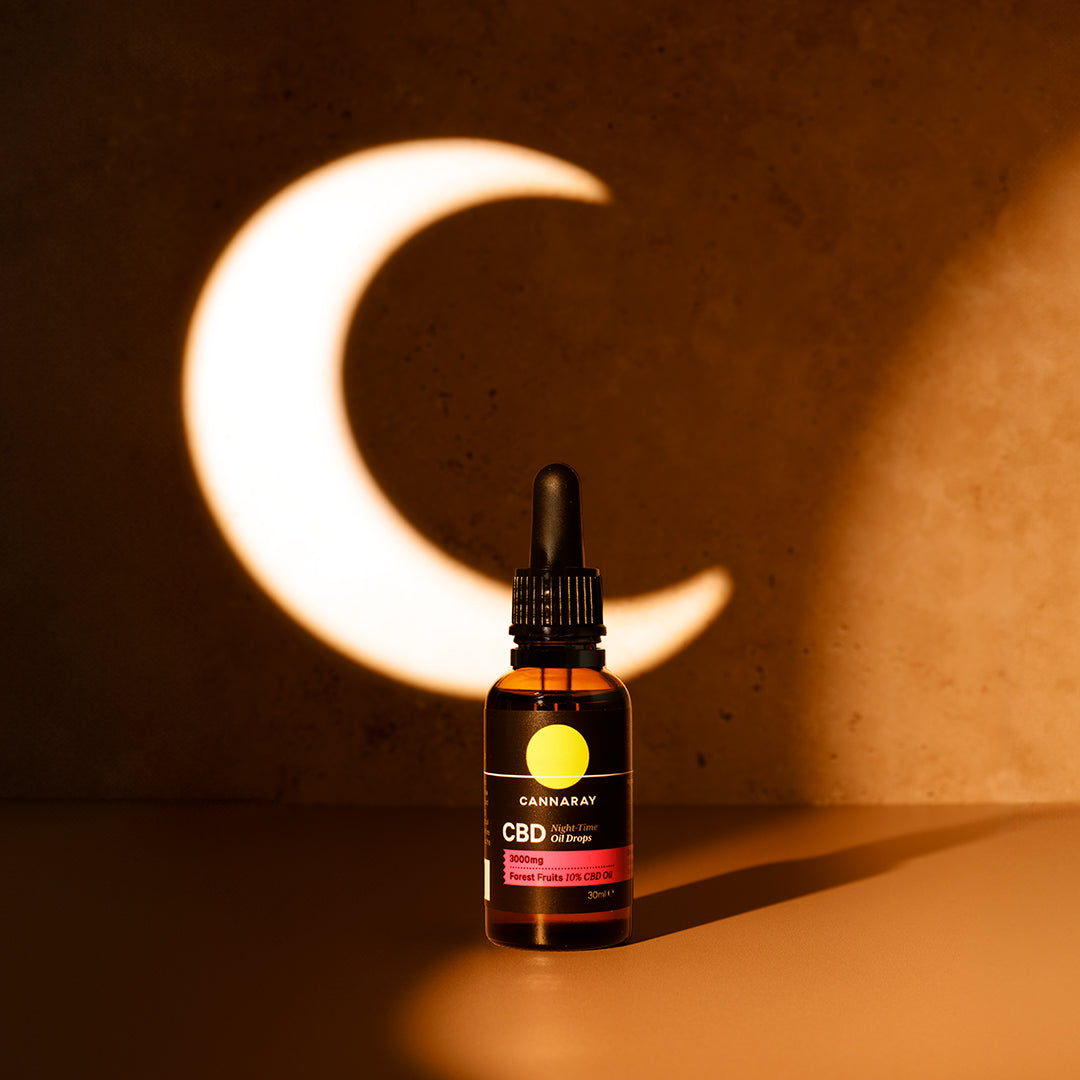 Cannaray Night-Time CBD Oil Drops in front of a moon-shaped light.
