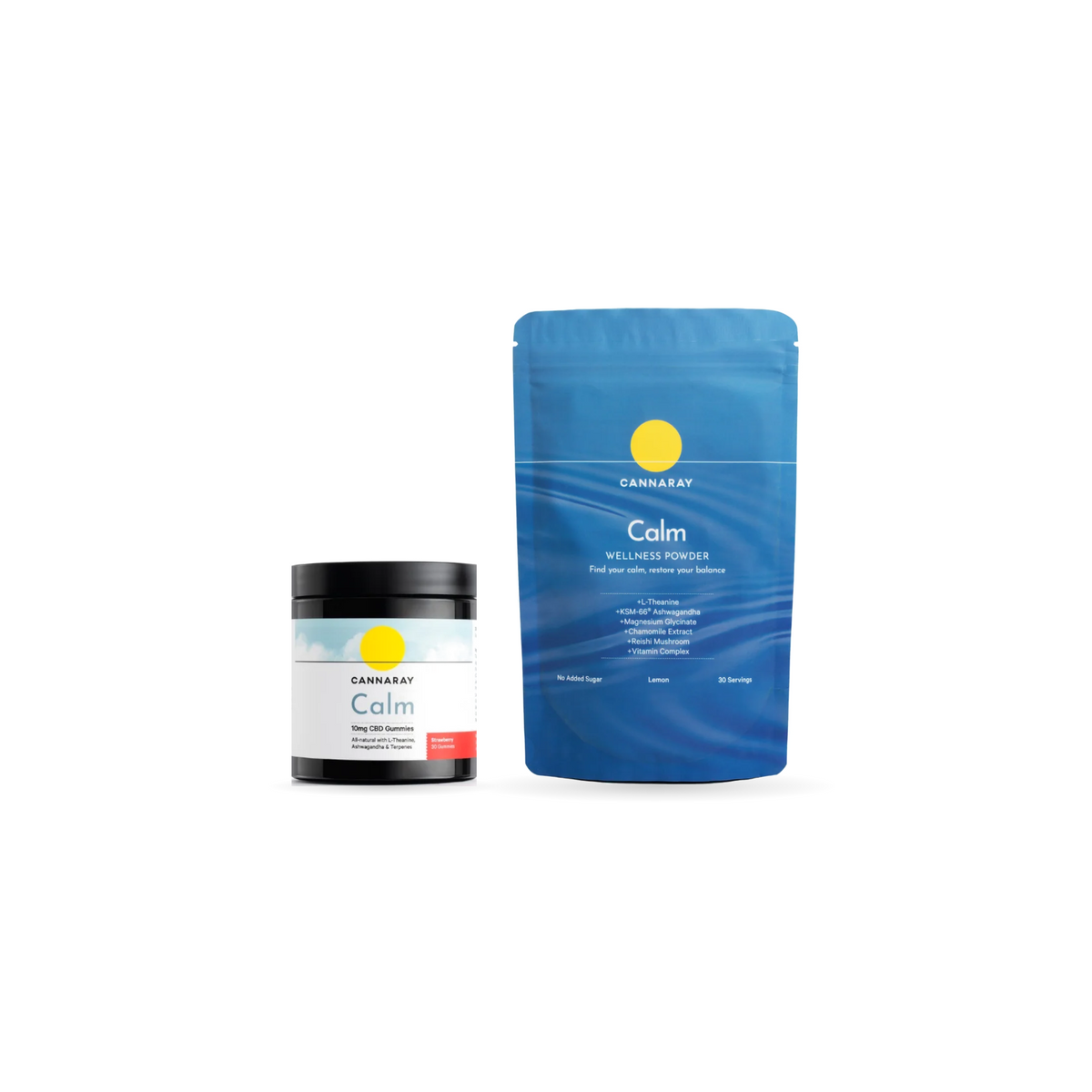 Cannaray Stress Less Bundle pack shot: Calm CBD Gummies and Calm Wellness Powder Lemon