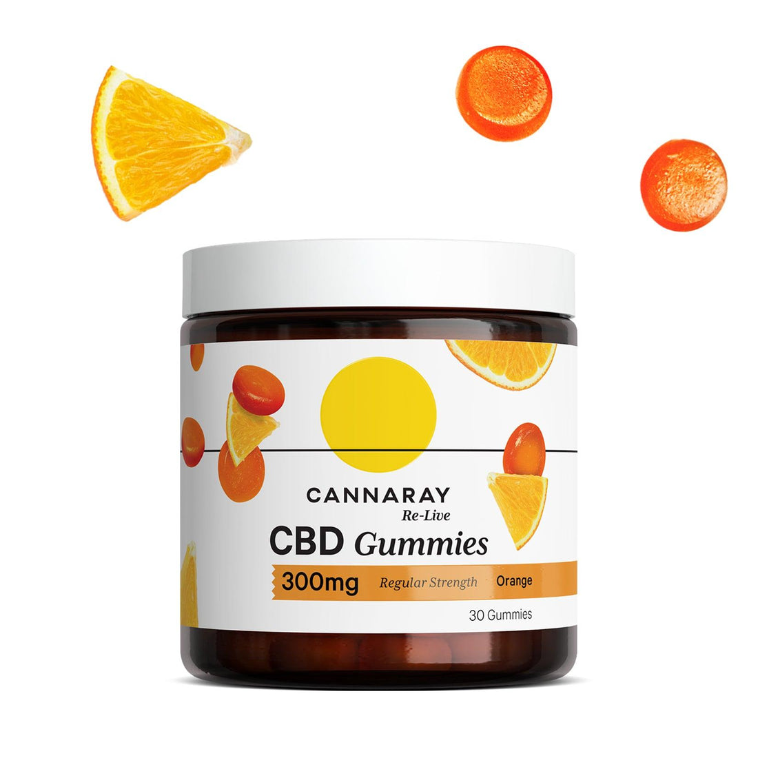 Orange-flavored CBD gummies, 300mg regular strength, with vibrant orange slices and gummy candies.