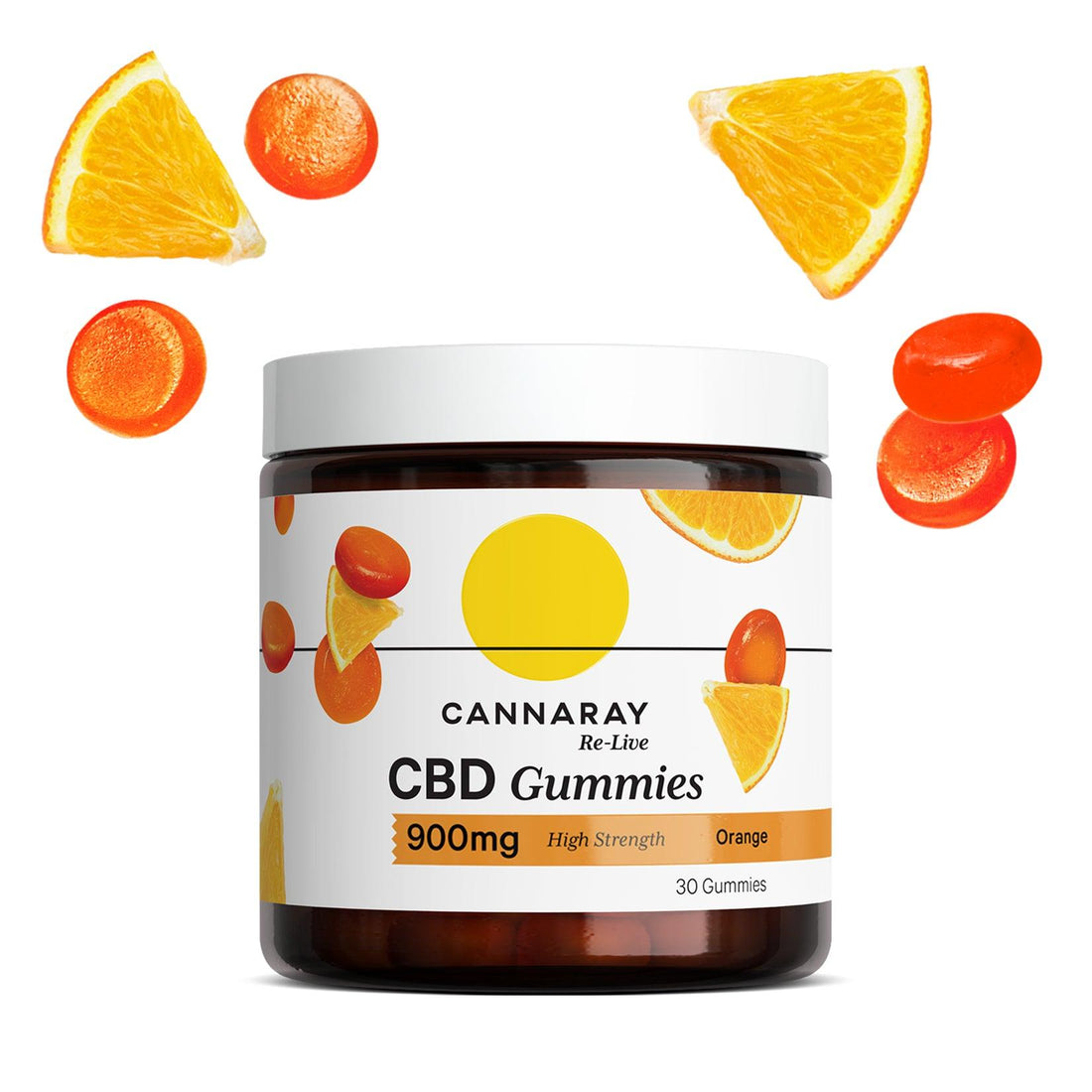 Cannaray 900mg high strength orange CBD gummies with vibrant citrus slices and gummy candies